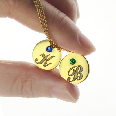 Engraved Initial  Birthstone Disc Charm Necklace 18ct Gold 