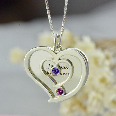 Personalized Couples Birthstone Heart Name Necklace 
