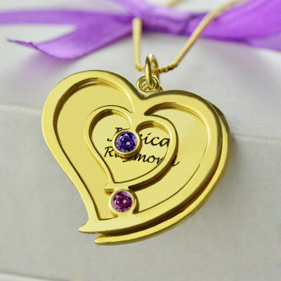 His  Her Birthstone Heart Name Necklace 18ct Gold 