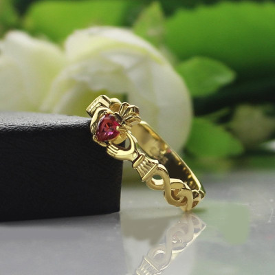 Ladies Modern Claddagh Rings With Birthstone  Name Gold Plated 