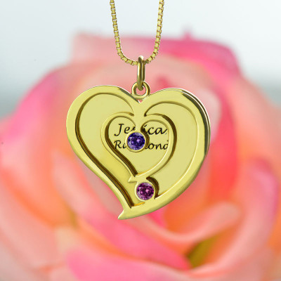 His  Her Birthstone Heart Name Necklace 18ct Gold 