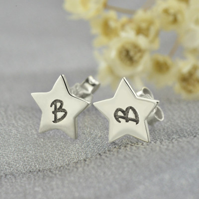 Personalized Star Stud Initial Earrings In Silver