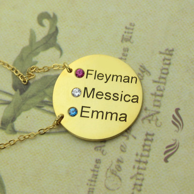 Disc Birthstone Family Names Necklace in 18ct Gold 