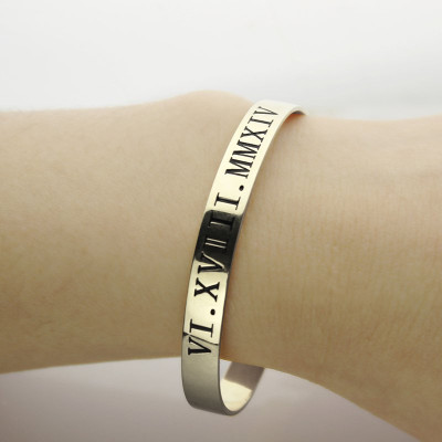 Personalized Roman Numeral Date Cuff Bracelet Sterling Silver
