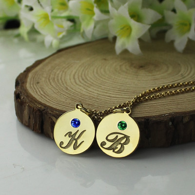 Engraved Initial  Birthstone Disc Charm Necklace 18ct Gold 