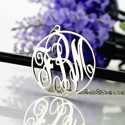 Personalized 18ct White Gold Plated Vine Font Circle Initial Monogram Necklace