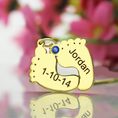 Birthstone Memory Baby Feet Charms with Date  Name 18ct Gold 