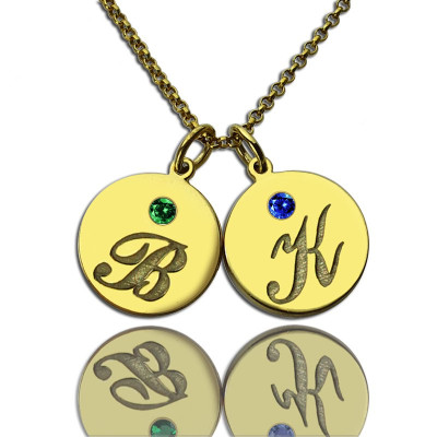 Engraved Initial  Birthstone Disc Charm Necklace 18ct Gold 