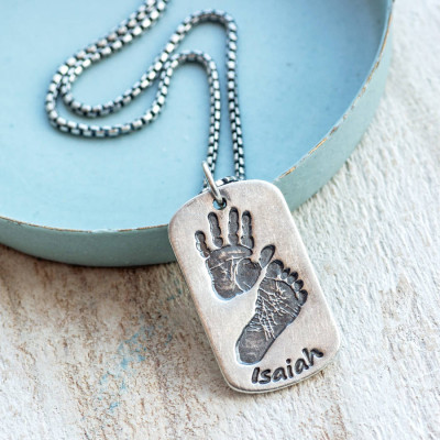 Dog Tag With Baby Prints And Birth Info Necklace - Two Pendants