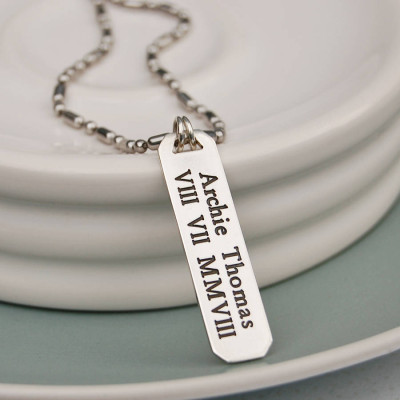 Mens Personalized Silver Vertical Bar Necklace