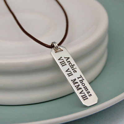 Mens Personalized Silver Vertical Bar Necklace