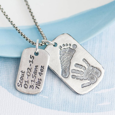 Dog Tag With Baby Prints And Birth Info Necklace - Two Pendants