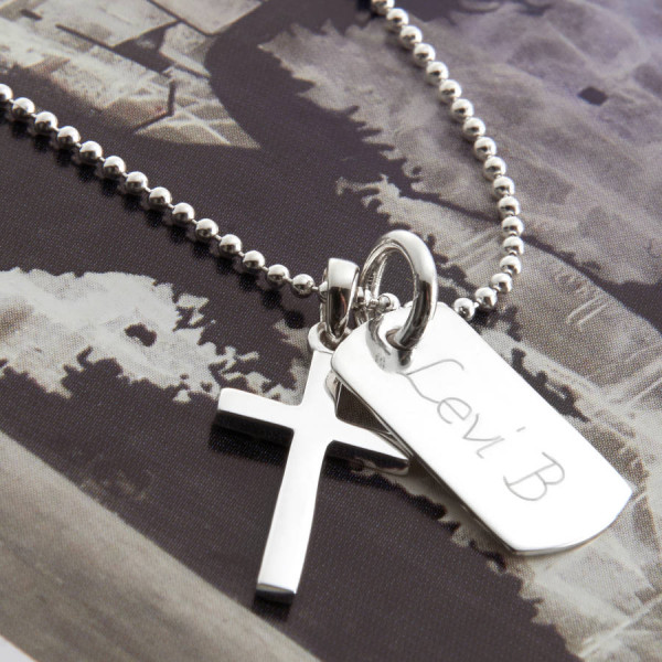 Personalized Sterling Silver Cross And Dogtag Necklace