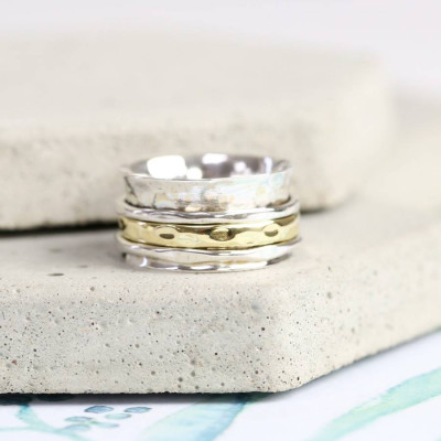 Sterling Silver And Gold Hammered Effect Spinning Ring