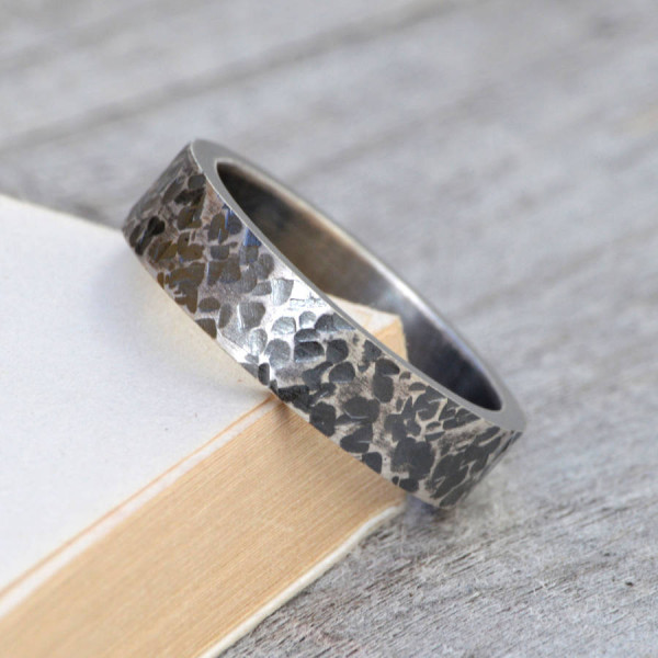 Personalized Textured Wedding Band In Oxidised Silver