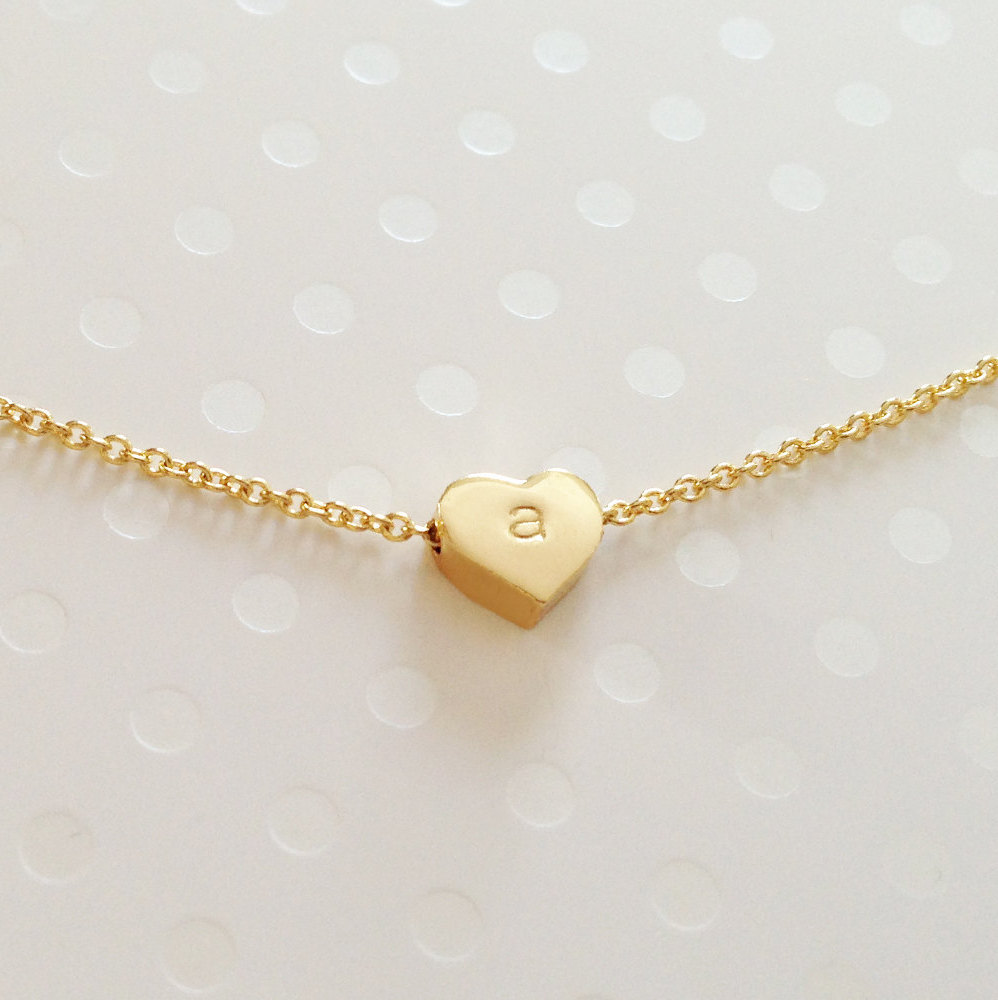 Personalized Hand Stamped Heart Charm Necklace in Gold - Dainty Heart Necklace Beaded Necklaces