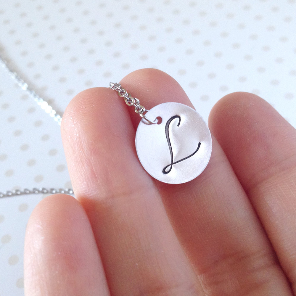 Personalized Hand Stamped Silver Disc Necklace - Dainty Initial Pendant Necklace - Dainty Personalized Charm - Bridesmaid Gift