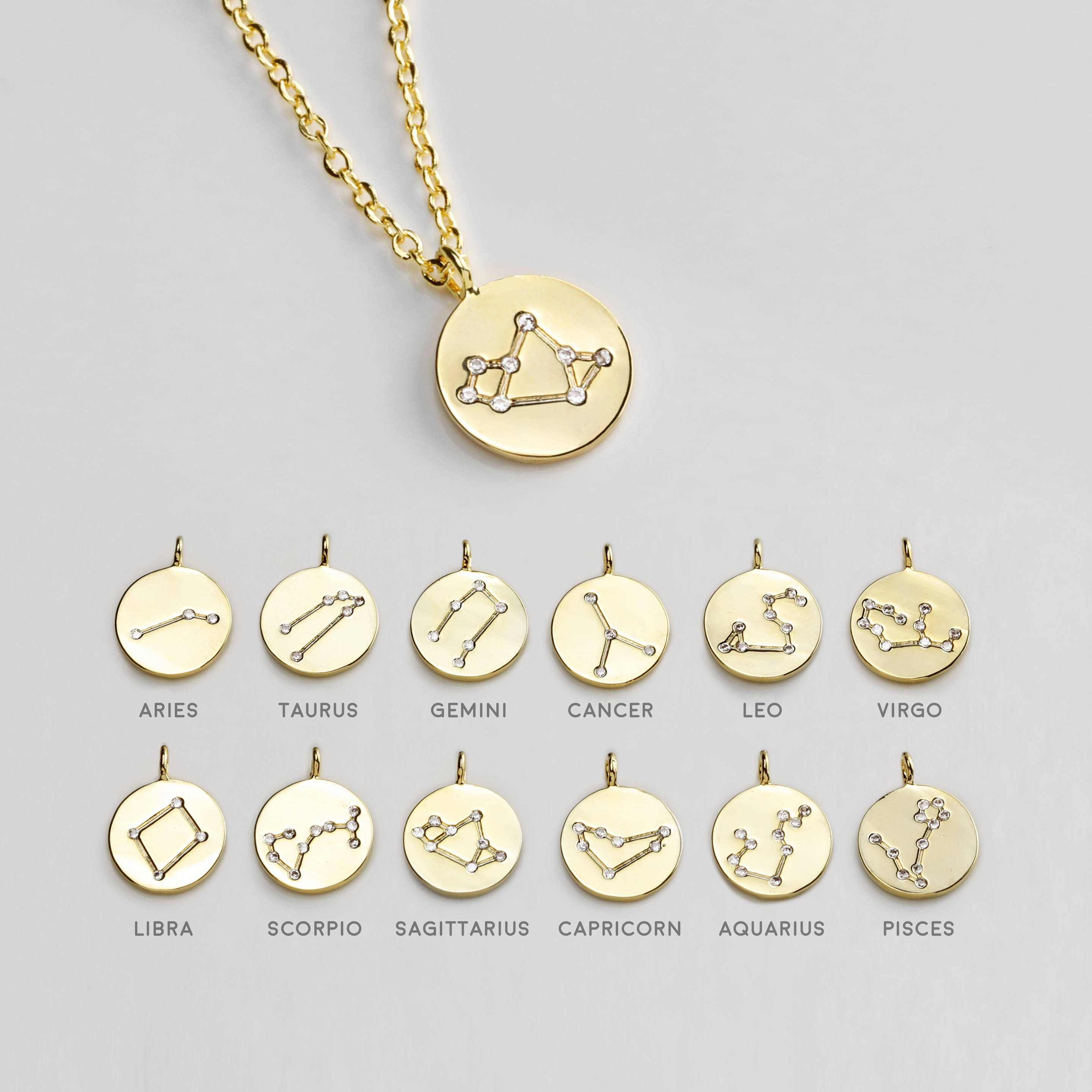 Zodiac Constellation Necklace Cubic Zirconia Crystal Necklace Disc Necklace Celestial Jewelry Libra Scorpio Sagittarius Birthday Gift