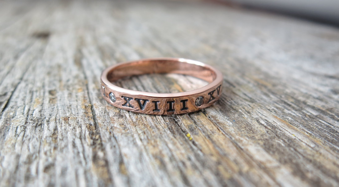 Gold Diamond Wedding Band Hand Stamped Roman Numeral Wedding Date Personalized Promis Ring Custom Engraved Artisan Handmade Fine Unisex