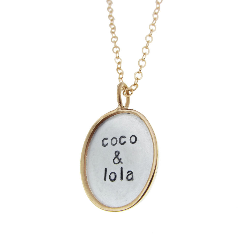 Gold Rimmed Silver Oval Pendant Hand Stamped Kid's Names Mommy Necklace Custom Personalized Family Name Jewelry Engraved Artisan Handmade