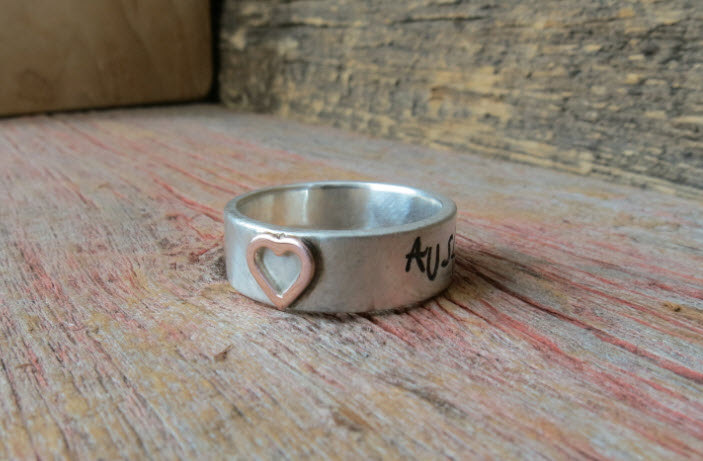 Handwriting on Ring Signature Engraving Sterling Silver Band with Gold Raised Accent Personalized Mommy Jewelry Hand Stamped Artisan
