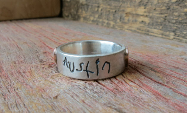 Handwriting on Ring Signature Engraving Sterling Silver Band with Gold Raised Accent Personalized Mommy Jewelry Hand Stamped Artisan