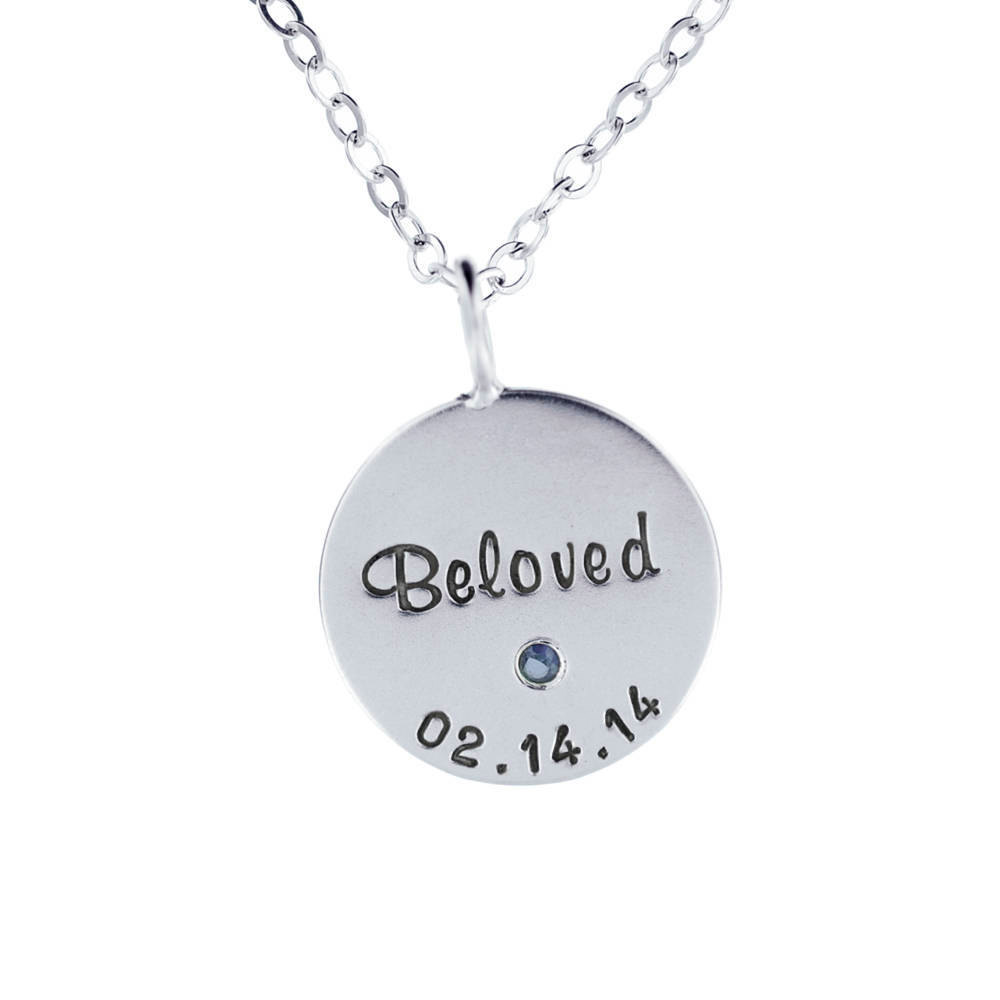 Mothers Day Gift Custom 3 - 4&quot; Silver Birthstone Pendant Hand Stamped Name Birth Date Personalized Custom Necklace 19mm charm with Diamond