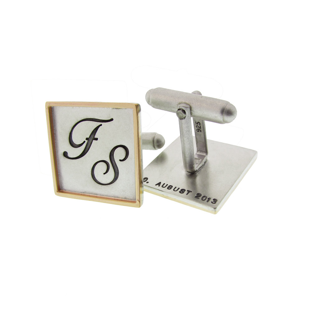 Personalized Mixed Metal Cuff Links Custom Sterling Silver with Gold Rim Hand Stamped Initials Monogram Names Engraved Artisan Handmade