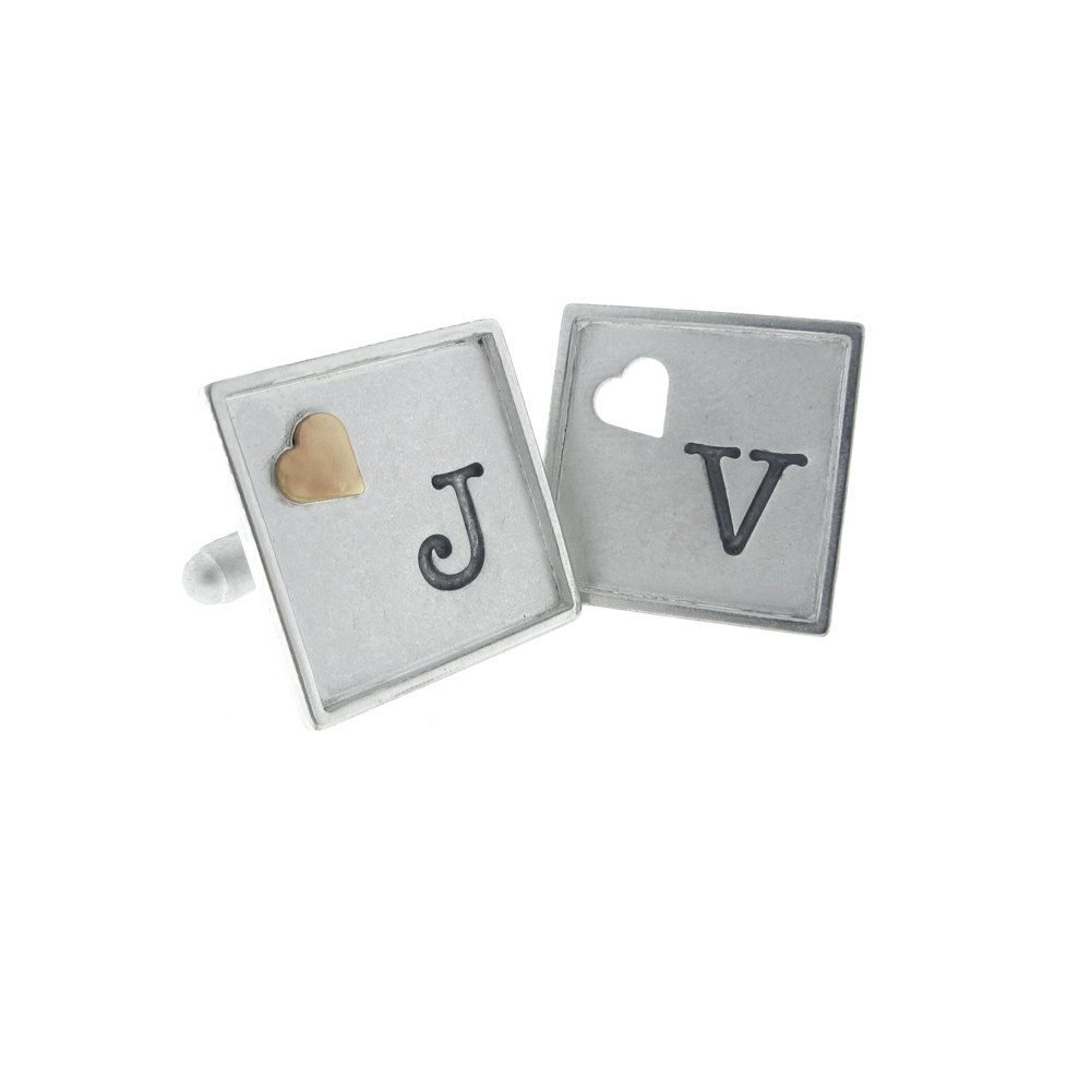 Personalized Sterling Silver Cufflinks with Gold Heart - Hand Stamped Custom Groom Gift - Men's Jewelry &amp; Accessories