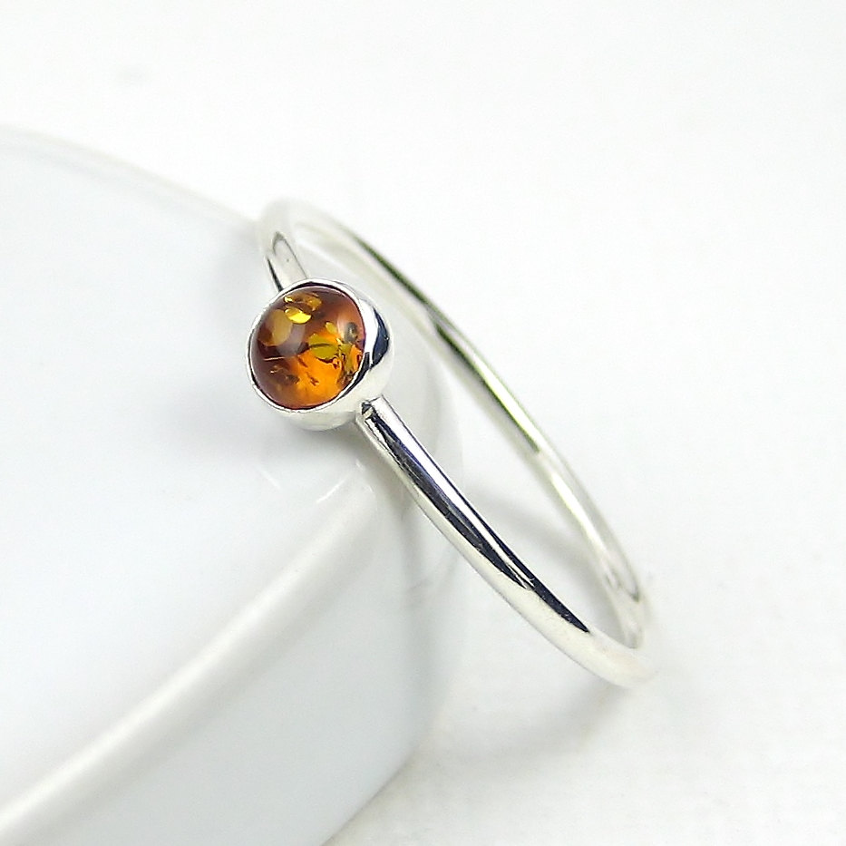 Amber Sterling Silver Ring - 4mm Amber - Bezel Set Cabochon Stacking Ring - Gemstone Ring - Simple Ring - Sterling Silver Jewellery