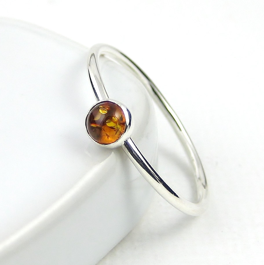 Amber Sterling Silver Ring - 4mm Amber - Bezel Set Cabochon Stacking Ring - Gemstone Ring - Simple Ring - Sterling Silver Jewellery