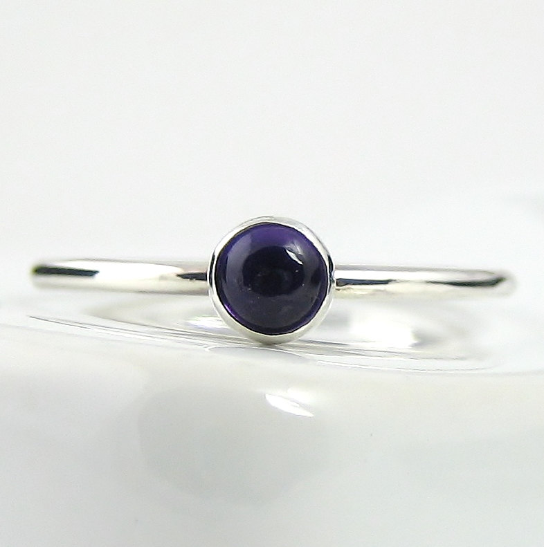 Amethyst Sterling Silver Ring - Bezel Set Semi Precious Cabochon Stacking Ring - Birthstone Ring - Gemstone Ring - Sterling Silver Jewellery