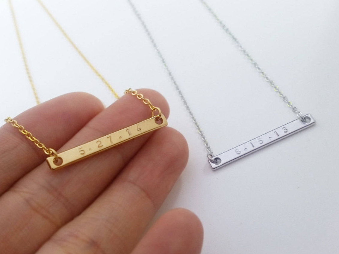 Custom Dainty Gold Silver Date Name Bar Necklace - Hand stamped Letter Necklace - Bridesmaid Gift - Family Gift