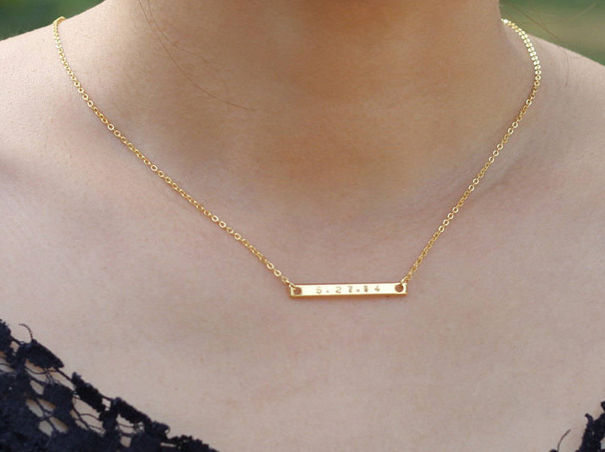 Custom Dainty Gold Silver Date Name Bar Necklace - Hand stamped Letter Necklace - Bridesmaid Gift - Family Gift