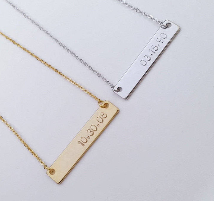 Custom Gold Silver Date Name Bar Necklace - Letter Bar Nameplate Letter Character Necklace - Bridesmaid Wedding Gift - Family Birthday Gift