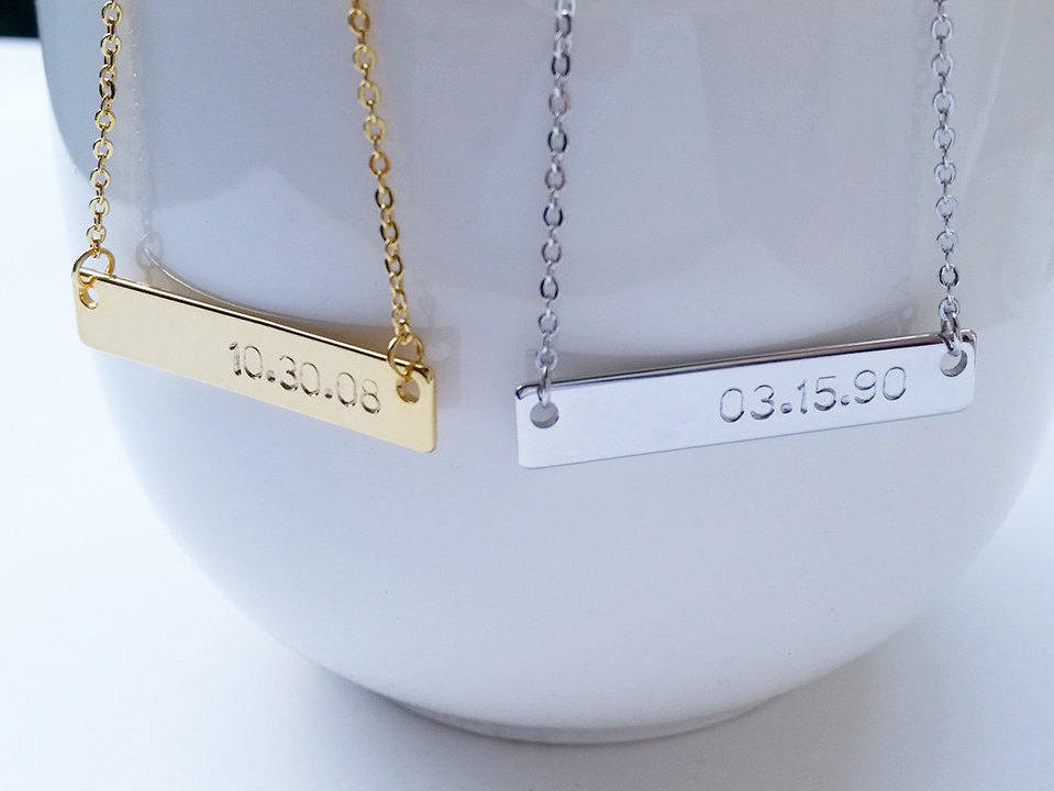Custom Gold Silver Date Name Bar Necklace - Letter Bar Nameplate Letter Character Necklace - Bridesmaid Wedding Gift - Family Birthday Gift