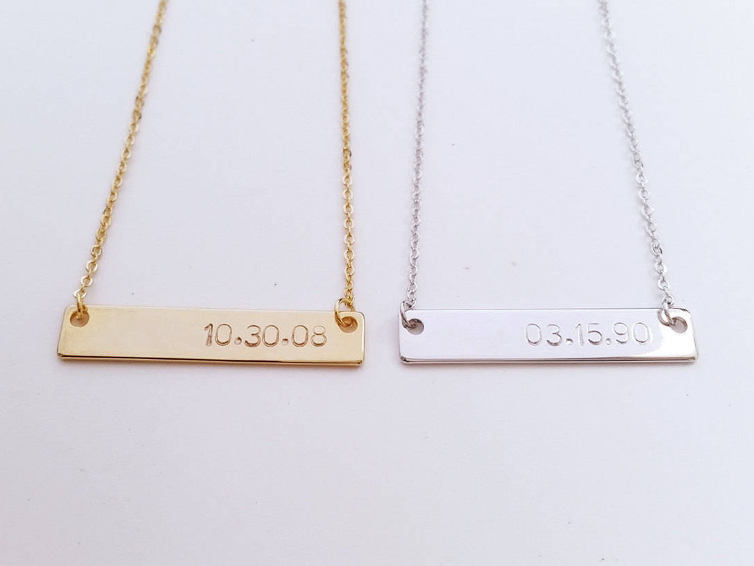 Custom Gold Silver Date Name Bar Necklace - Letter Bar Nameplate Letter Character Necklace - Bridesmaid Wedding Gift - Family Birthday Gift