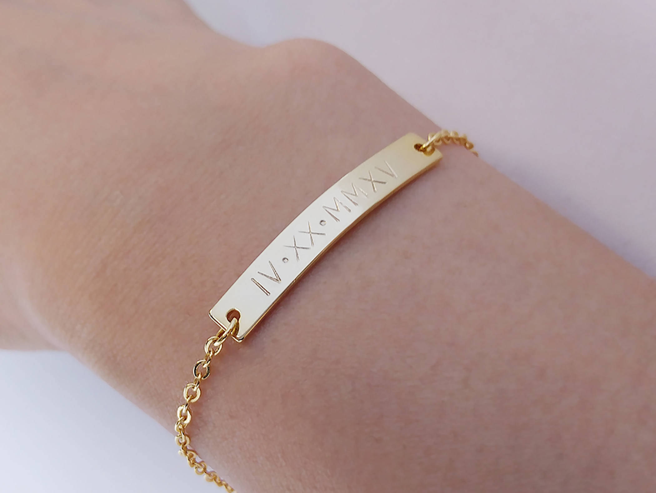 Custom Hand Stamped Gold Silver Roman Numeral Date Bar Bracelet - Personalized Roman Date Bracelet - Stamped Letter Bracelet - Bridesmaid Gift