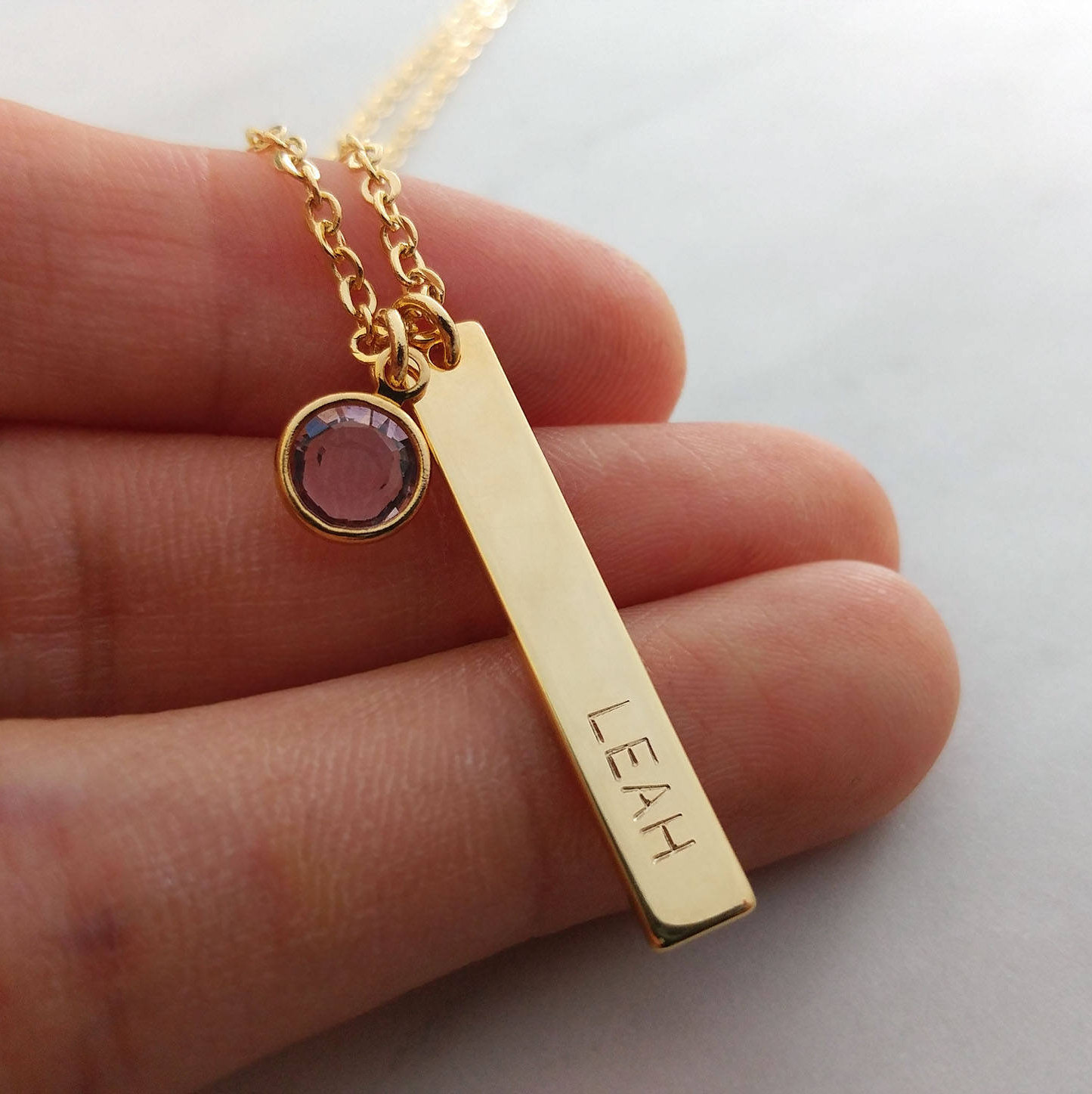Custom Hand Stamped Name Date Swarovski Crystal Birthstone Birth Stone Tag Necklace - Gold Silver Vertical Nameplate Bar - Birthday Gift