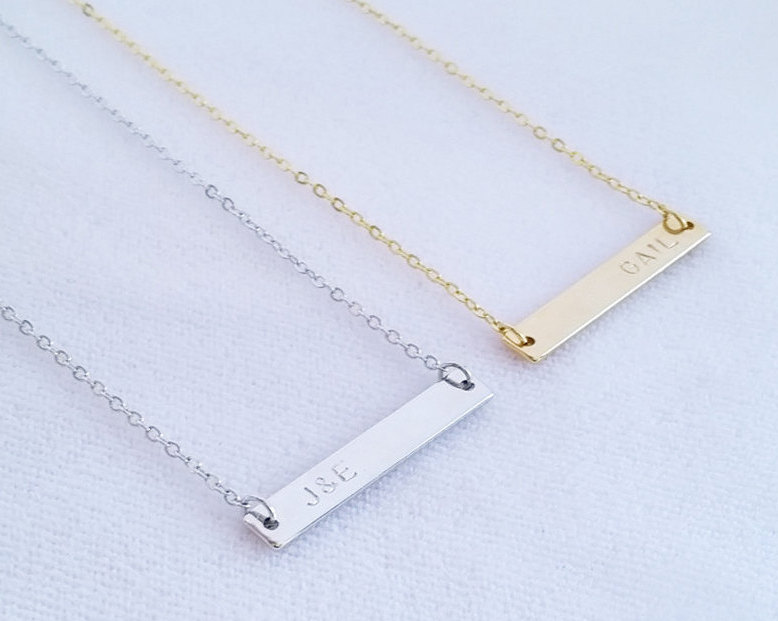 Custom Nameplate Bar Necklace - Personalized Gold Silver Name Letter Character - Initial Hand Stamped Jewelry - Bridesmaid Gift - Both Sides