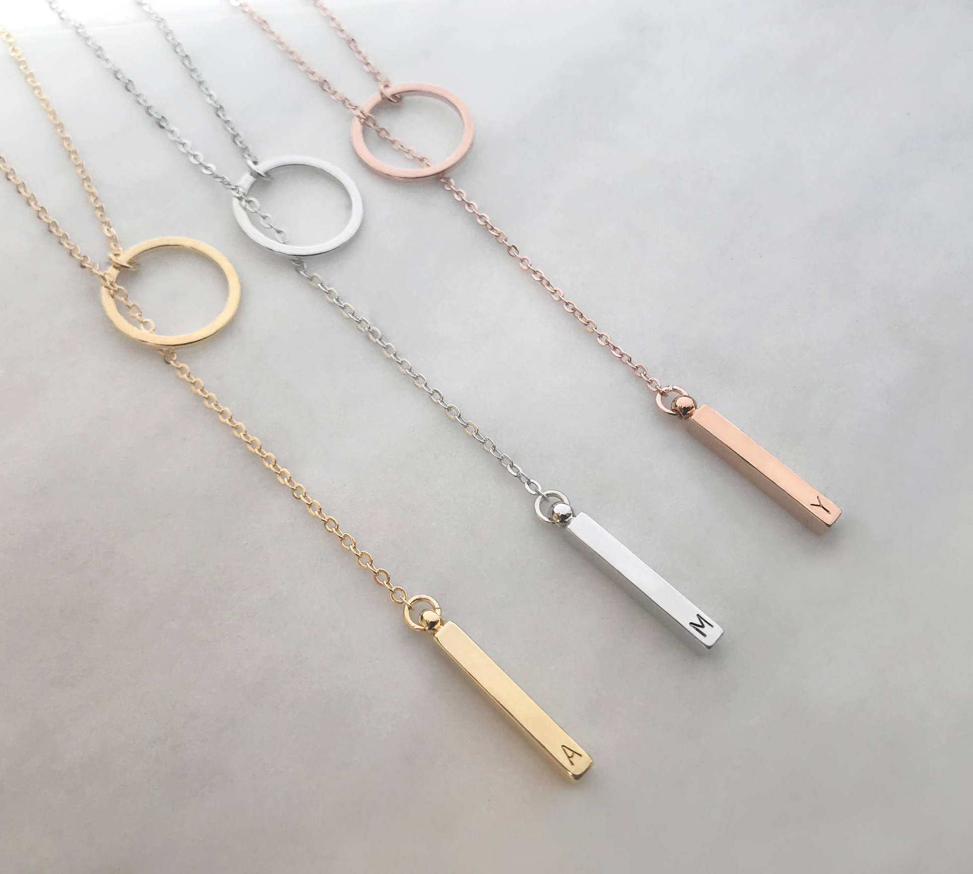Custom Personalized Dainty Hand Stamped Initial Letter Short Lariat Necklace - Gold Silver Rose Gold Drop Vertical Bar Ring Charm Y Necklace
