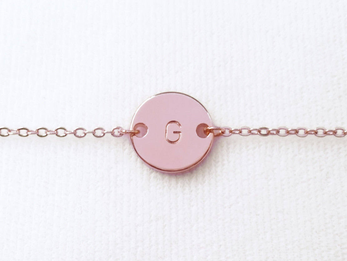 Custom Rose Gold Initial Disc Bracelet - Letter Coin Bracelet - Personalized Hand Stamped Monogram Bracelet - Handmade jewelry - Bridesmaid gift