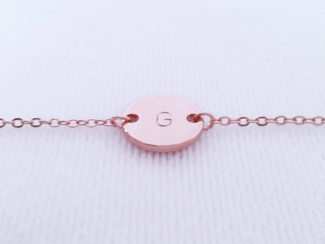 Custom Rose Gold Initial Disc Bracelet - Letter Coin Bracelet - Personalized Hand Stamped Monogram Bracelet - Handmade jewelry - Bridesmaid gift
