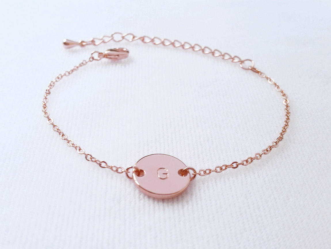 Custom Rose Gold Initial Disc Bracelet - Letter Coin Bracelet - Personalized Hand Stamped Monogram Bracelet - Handmade jewelry - Bridesmaid gift