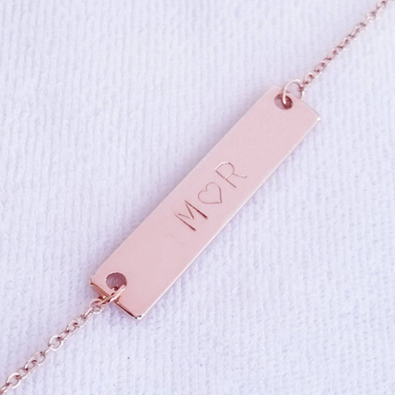 Custom Rose Gold Initial Letter Name Date Necklace - Nameplate Bar Pendant Necklace - Bridesmaid Birthday Wedding Anniversary Gift