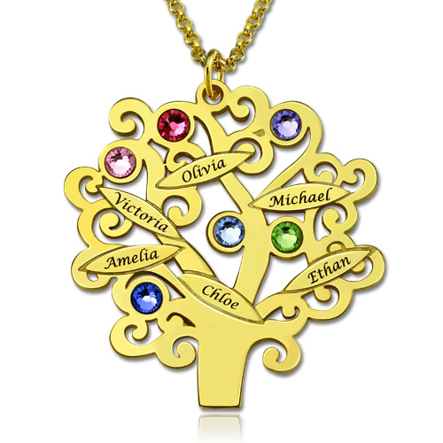 Engraved Family Tree Necklace with Birthstones Sterling Silver 