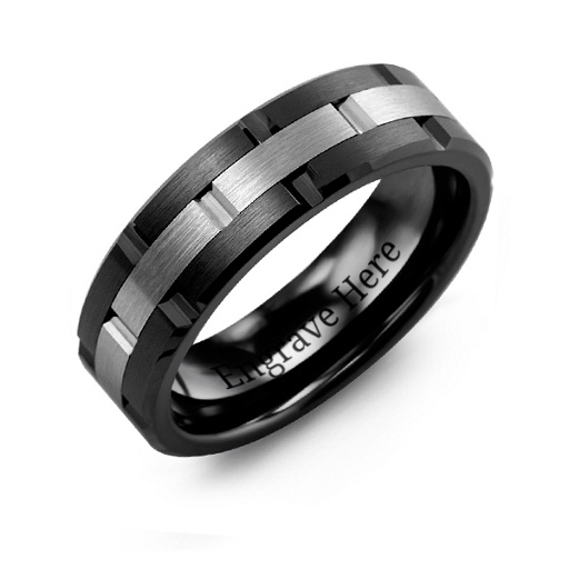 Men's Ceramic &amp; Tungsten Grooved Brushed Ring