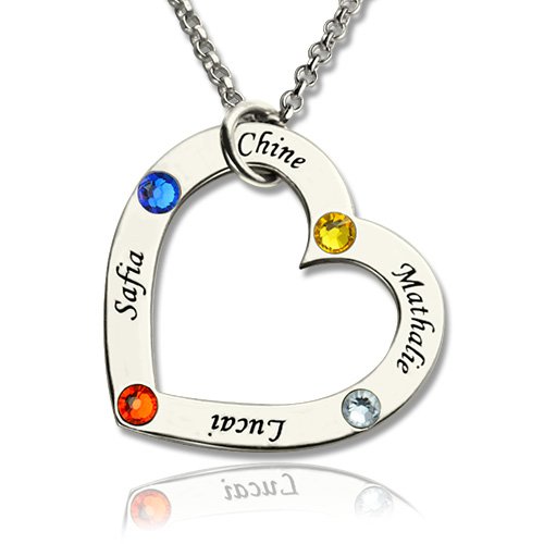 Mother Heart Necklace with Name  Birthstone Sterling Silver 
