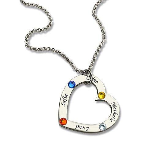 Mother Heart Necklace with Name  Birthstone Sterling Silver 