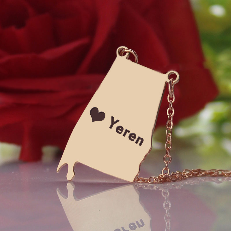 Custom Alabama State USA Map Necklace With Heart  Name Rose Gold